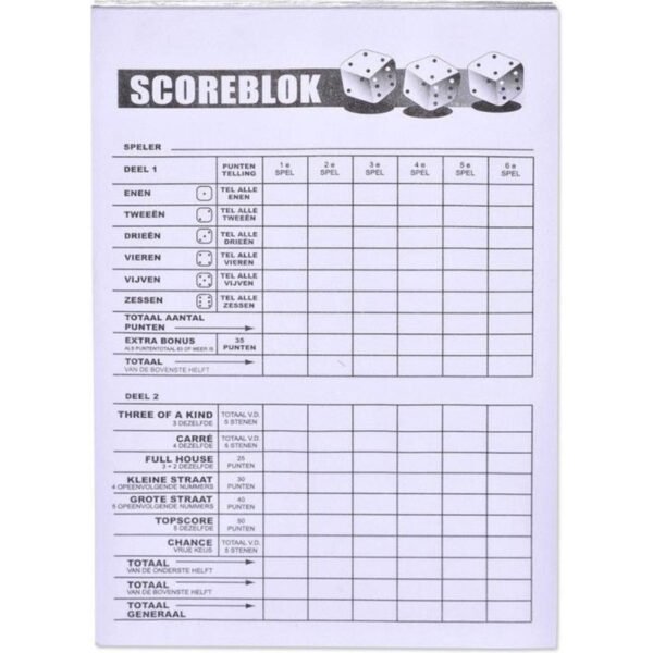 Scoreblok Yahtzee - blok 100 vellen - dobbelspel - punten opschrijven - 10 x 15 cm