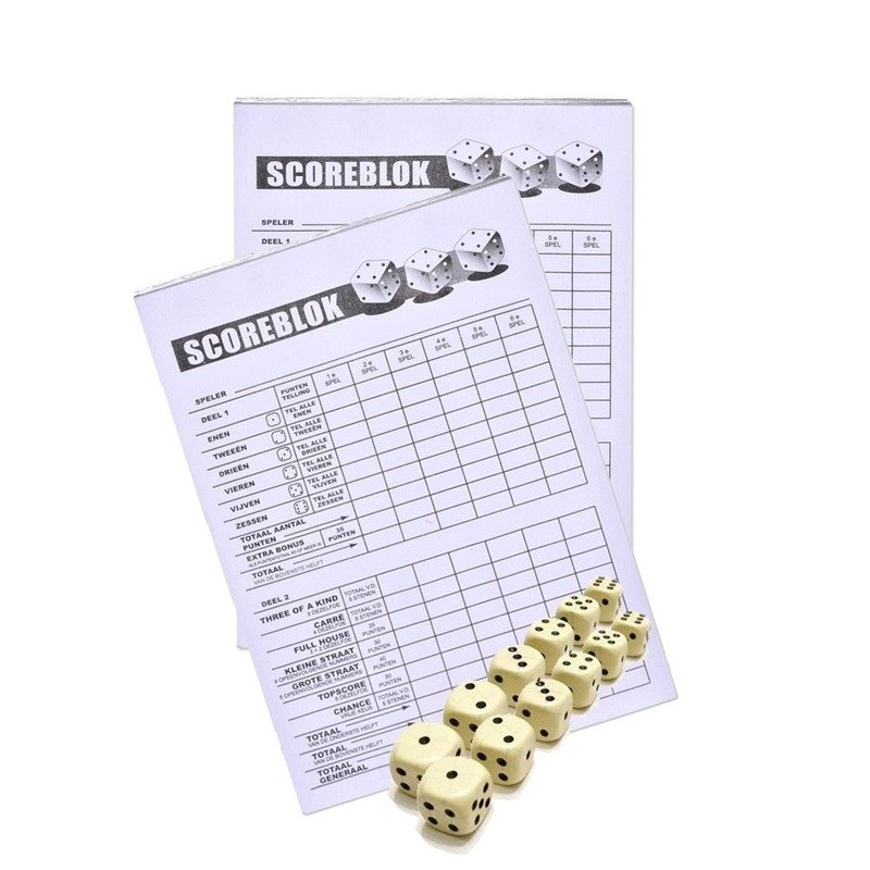 2x Scoreblok Yahtzee inclusief 12 dobbelstenen