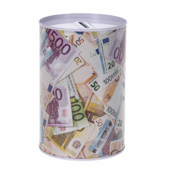 Spaarpot euro biljetten - 10 x 15 cm - metaal/blik met geld opdruk