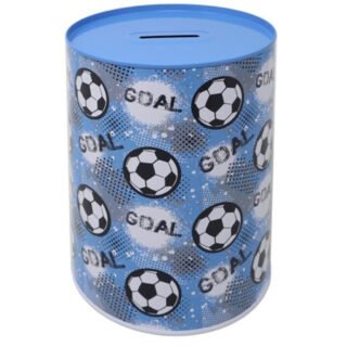 Spaarpot blik voetbal thema - blauw - D12 x H16 cm - goal tekst - sport cadeau