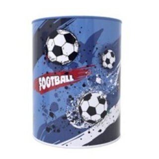 Spaarpot blik voetbal thema - blauw - D12 x H16 cm - Football tekst - sport cadeau