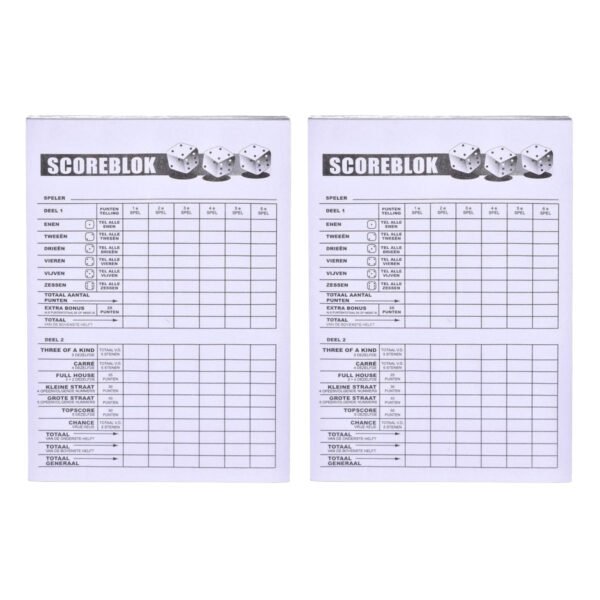 Scoreblok Yahtzee - 2x - blok 100 vellen - dobbelspel - punten opschrijven - 10 x 15 cm