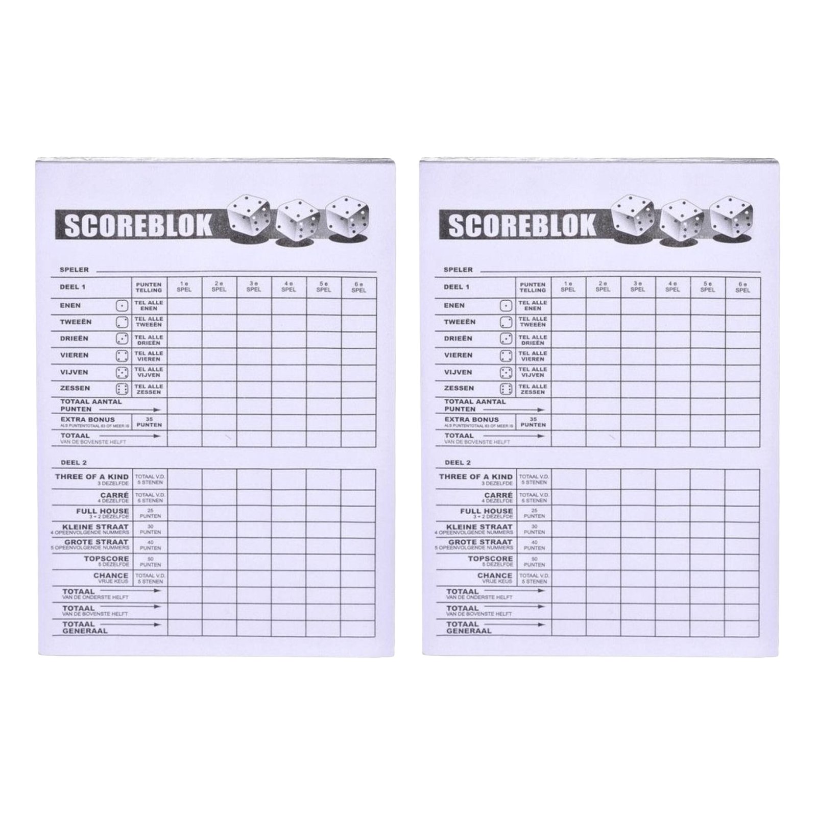 Scoreblok Yahtzee - 2x - blok 100 vellen - dobbelspel - punten opschrijven - 10 x 15 cm