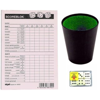 Compleet Yahtzee spel set - 100 vellen scoreblok - 6 dobbelstenen - 1 beker
