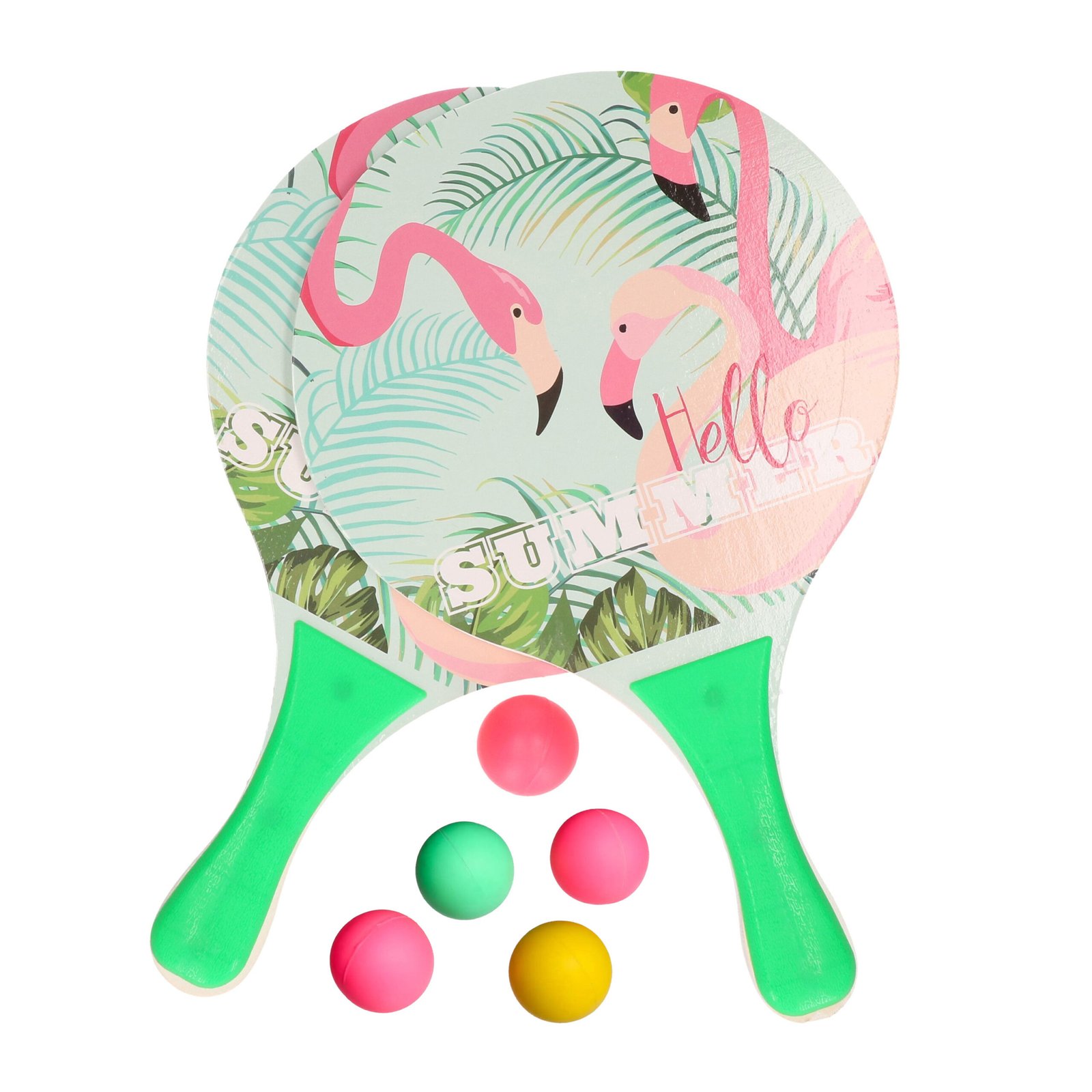 Summertime Beachball set - hout - kleurenmix - strand sport speelset - met 5x balletjes