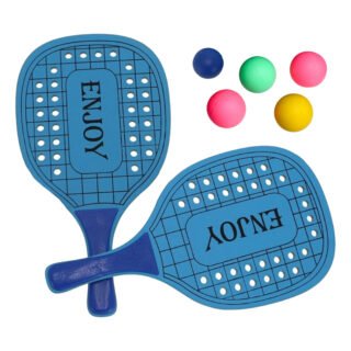 Gerimport Beachball set - hout - blauw - strand sport speelset - met 5x balletjes