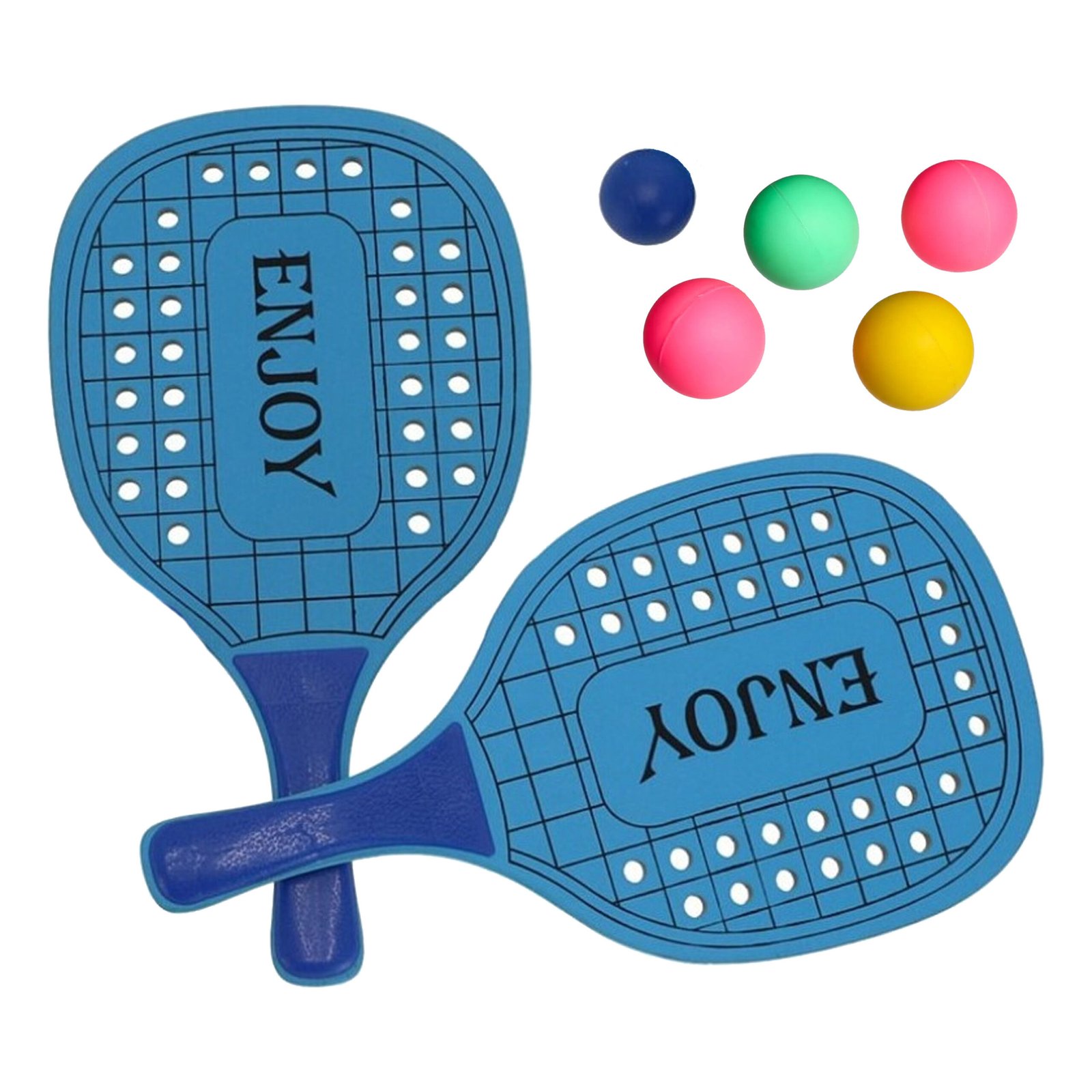 Gerimport Beachball set - hout - blauw - strand sport speelset - met 5x balletjes