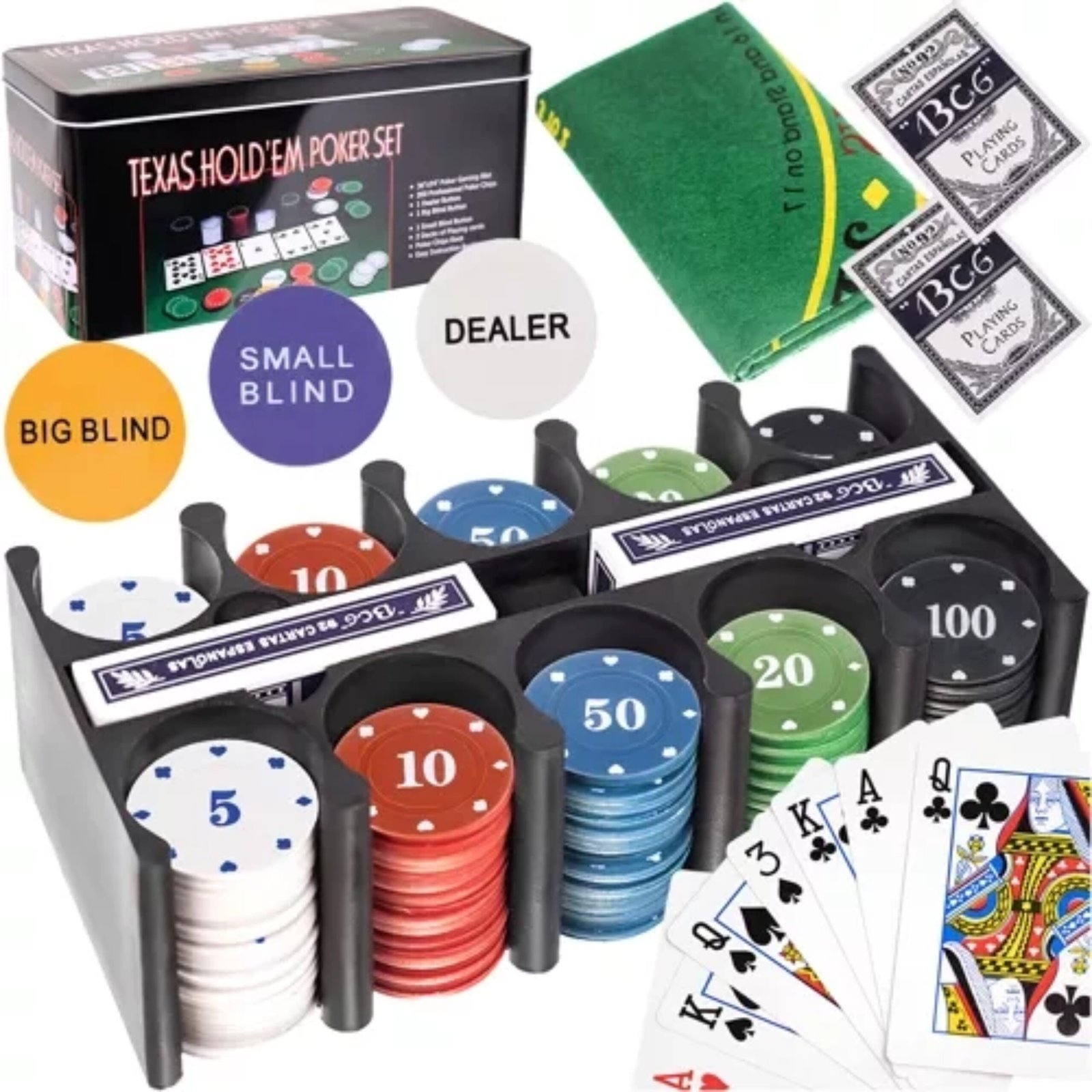 Malatec Pokerset - 200 chips - 92 x 58 cm - compleet pokerspel - texas hold'em poker set