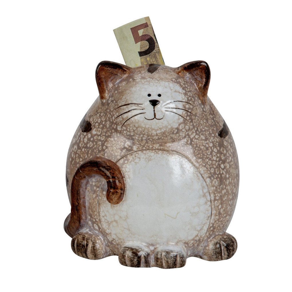 Spaarpot voor kind / volwassenen - kat / poes - keramiek - bruin - 14 cm - sparen