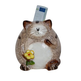 Spaarpot voor kind / volwassenen - kat / poes - - met bloem - keramiek - bruin - 14 cm - sparen