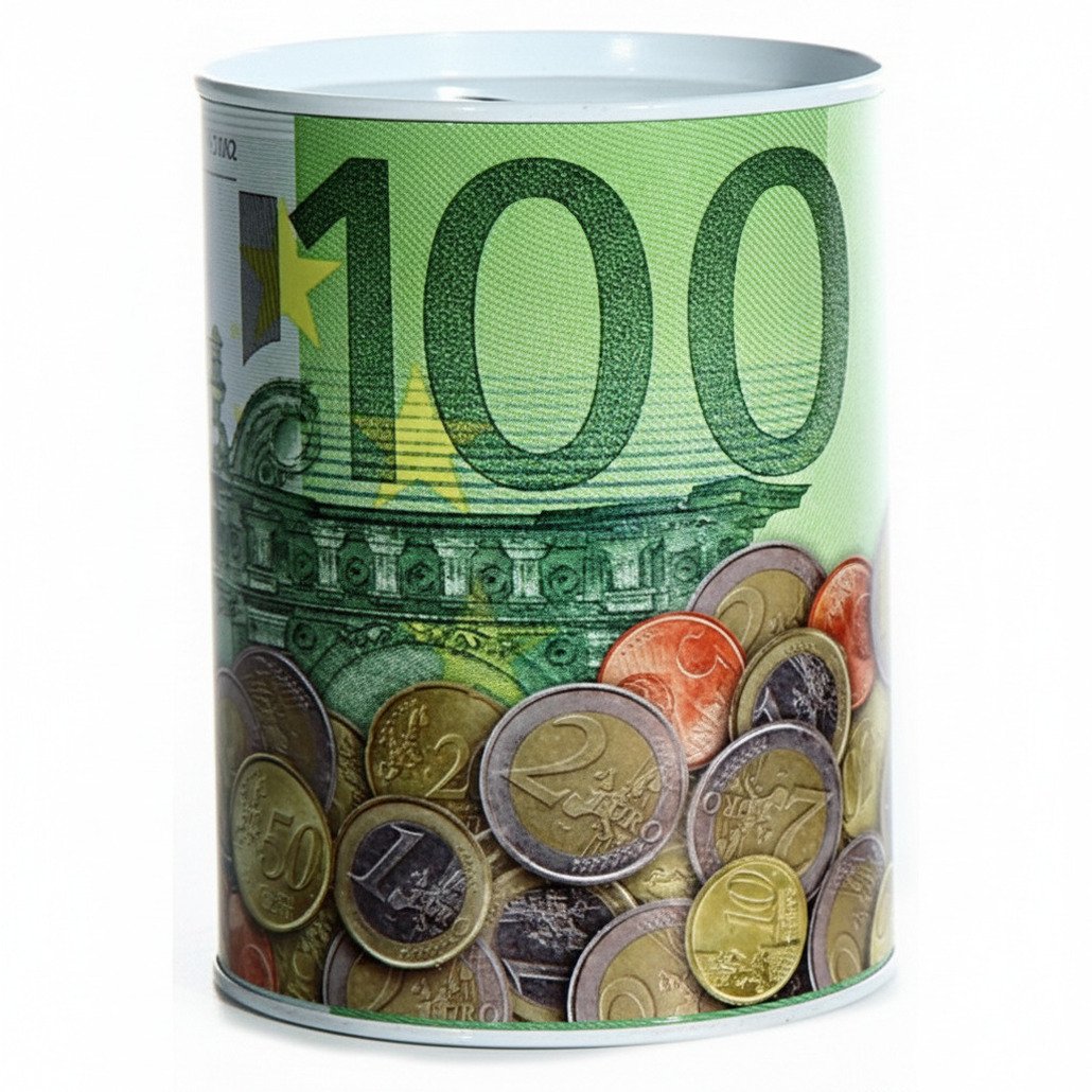 Cepewa Geld thema Spaarpot - 100 euro - groene bankbiljetten - 8 x 12 cm - blik - Spaarpotten
