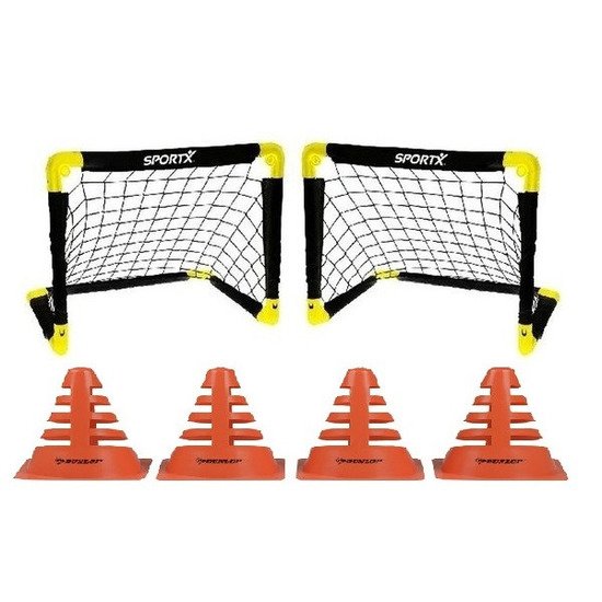 Complete voetbal speelset - van 2 voetbal goals - 55 x 44 x 44 cm - inclusief 4 stuks oranje pionnen