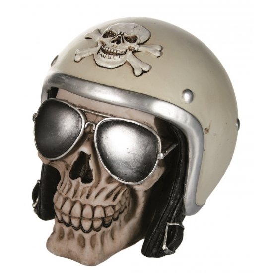 Spaarpot van Schedel met motorhelm - 16 x 12 cm - polyresin - Biker