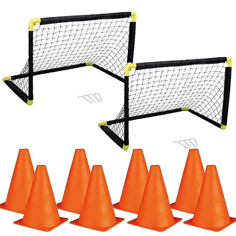 Complete voetbal speelset - van 2 voetbal goals - 55 x 44 x 44 cm - inclusief 8 stuks oranje pionnen
