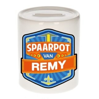 Kinder spaarpot met naam - Remy - keramiek - met dop - wit - Sparen - Spaargeld van Remy