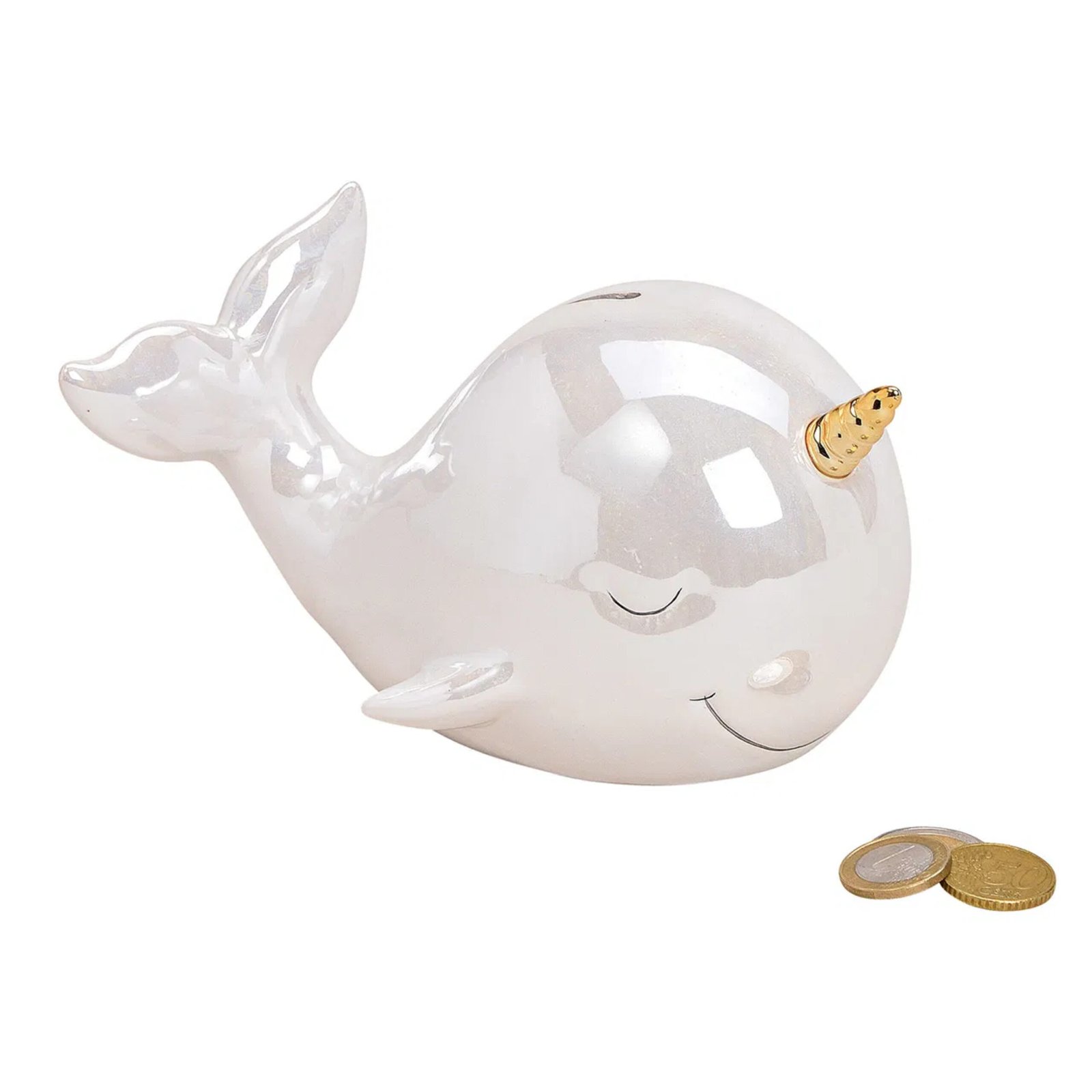 Luxe Spaarpot Narwal walvis - keramiek - zeedieren - glans wit - 12 x 11 x 18 cm