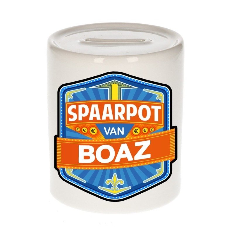 Kinder spaarpot met naam - Boaz - keramiek - met dop - wit - Sparen - Spaargeld van Boaz