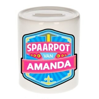 Kinder spaarpot met naam - Amanda - keramiek - met dop - wit - Sparen - Spaargeld van Amanda