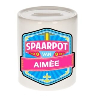 Kinder spaarpot met naam - Aimee - keramiek - met dop - wit - Sparen - Spaargeld van Aimee