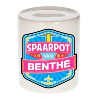 Kinder spaarpot met naam - Benthe - keramiek - met dop - wit - Sparen - Spaargeld van Benthe