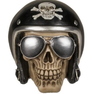 Spaarpot Motor bikers skull/schedel - 16 x 13 cm - met sleuteltje - Vaderdag cadeau - polyresin