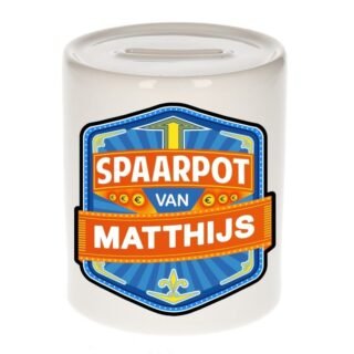 Kinder spaarpot met naam - Matthijs - keramiek - met dop - wit - Sparen - Spaargeld van Matthijs