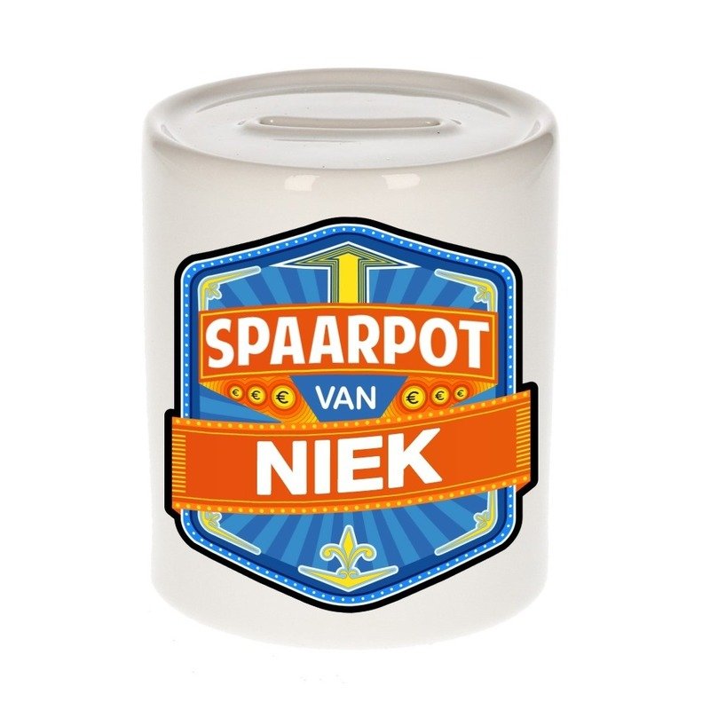 Kinder spaarpot met naam - Niek - keramiek - met dop - wit - Sparen - Spaargeld van Niek