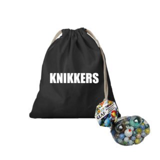 Canvas knikkers opbergzakje - zwart - bedrukt met tekst knikkers - en 79 knikkers en bonken