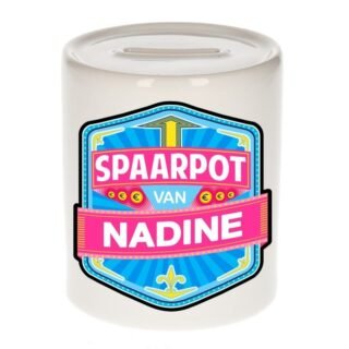 Kinder spaarpot met naam - Nadine - keramiek - met dop - wit - Sparen - Spaargeld van Nadine
