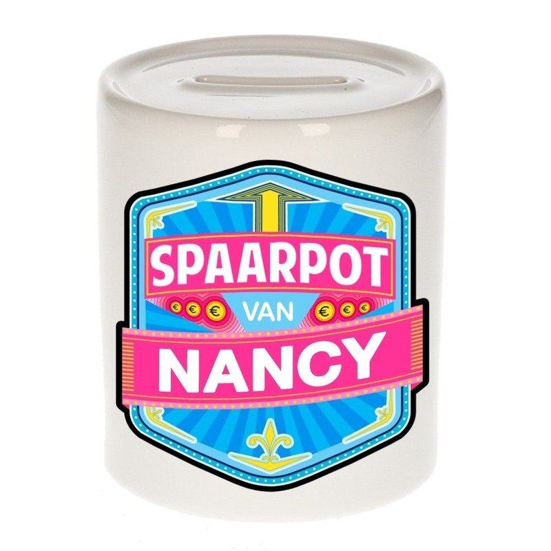 Kinder spaarpot met naam - Nancy - keramiek - met dop - wit - Sparen - Spaargeld van Nancy