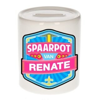Kinder spaarpot met naam - Renate - keramiek - met dop - wit - Sparen - Spaargeld van Renate