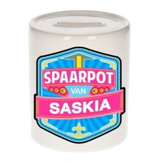 Kinder spaarpot met naam - Saskia - keramiek - met dop - wit - Sparen - Spaargeld van Saskia