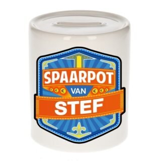 Kinder spaarpot met naam - Stef - keramiek - met dop - wit - Sparen - Spaargeld van Stef