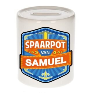 Kinder spaarpot met naam - Samuel - keramiek - met dop - wit - Sparen - Spaargeld van Samuel