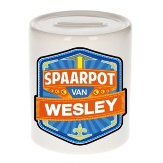 Kinder spaarpot met naam - Wesley - keramiek - met dop - wit - Sparen - Spaargeld van Wesley