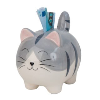 Spaarpot voor kind / volwassenen - kat / poes - keramiek - grijs - 13 cm - sparen