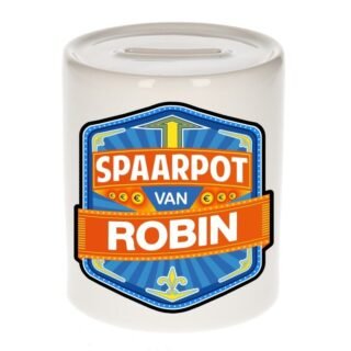 Kinder spaarpot met naam - Robin - keramiek - met dop - wit - Sparen - Spaargeld van Robin