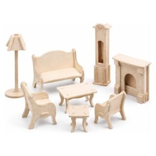 Poppenhuis meubels huiskamer - hout - bouwpakket - 8x stuks inhoud