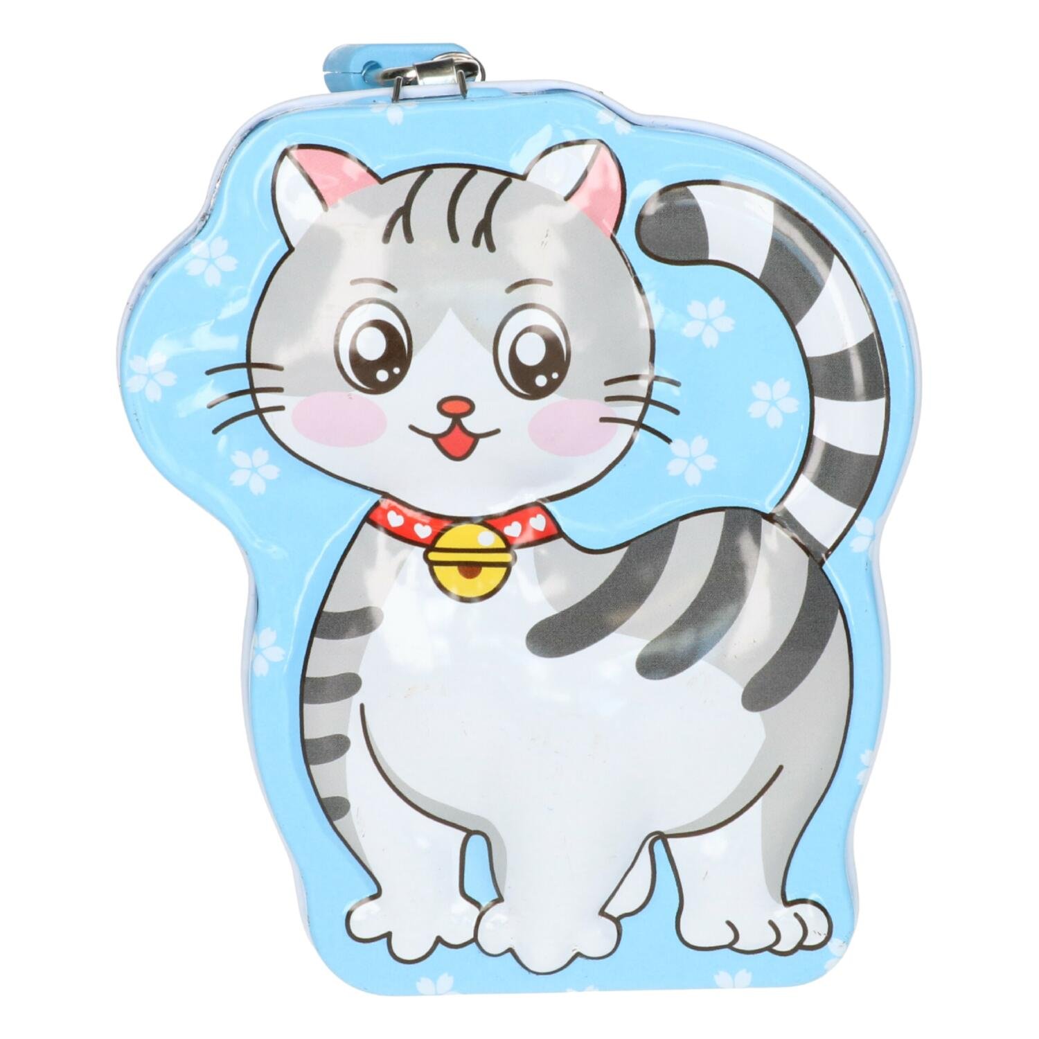 Concorde Spaarpot blik kat / poes - lichtblauw- 11 x 6 x 12 cm - met deksel en slot - geldkistje