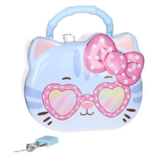 Concorde Spaarpot blik kat / poes - blauw - 12 x 7 x 13 cm - met deksel en slot - geldkistje