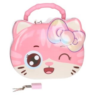 Concorde Spaarpot blik kat / poes - roze - 12 x 7 x 13 cm - met deksel en slot - geldkistje