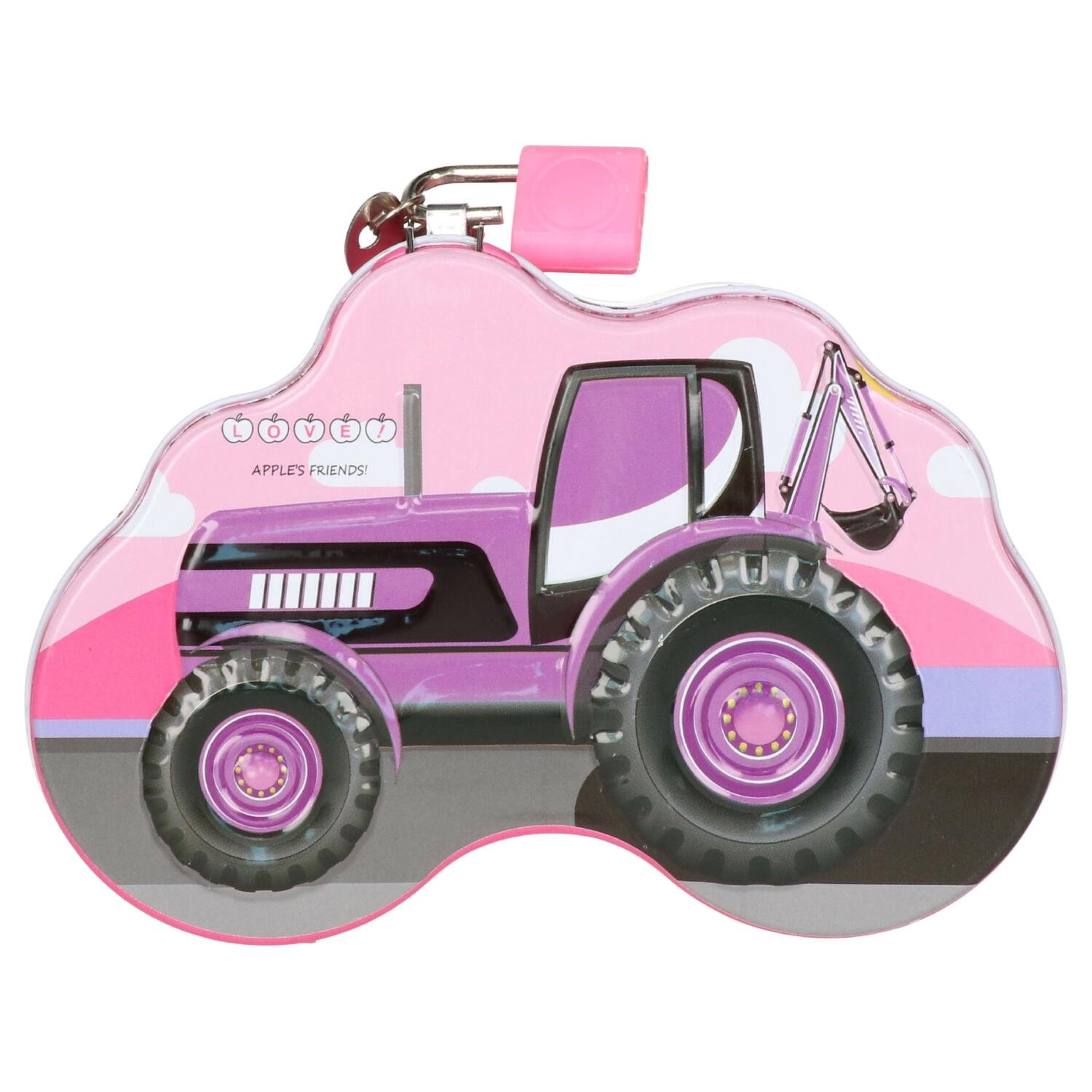 Concorde Spaarpot blik tractor - roze - 14 x 6 x 10 cm - met deksel en slot - geldkistje