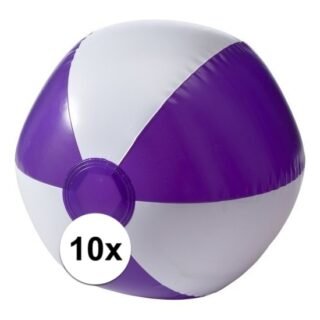 Opblaasbare speelgoed zwembad strandbal - 10x - paars/wit - D26 cm - Strandballen