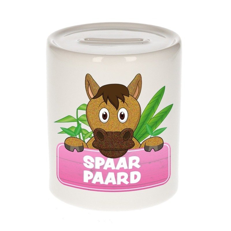 Kinder spaarpot met paarden print - wit - 8 x 9 cm - keramiek - kinderen - meisjes