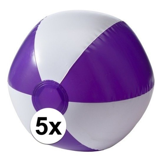 Opblaasbare speelgoed zwembad strandbal - 5x - paars/wit - D26 cm - Strandballen
