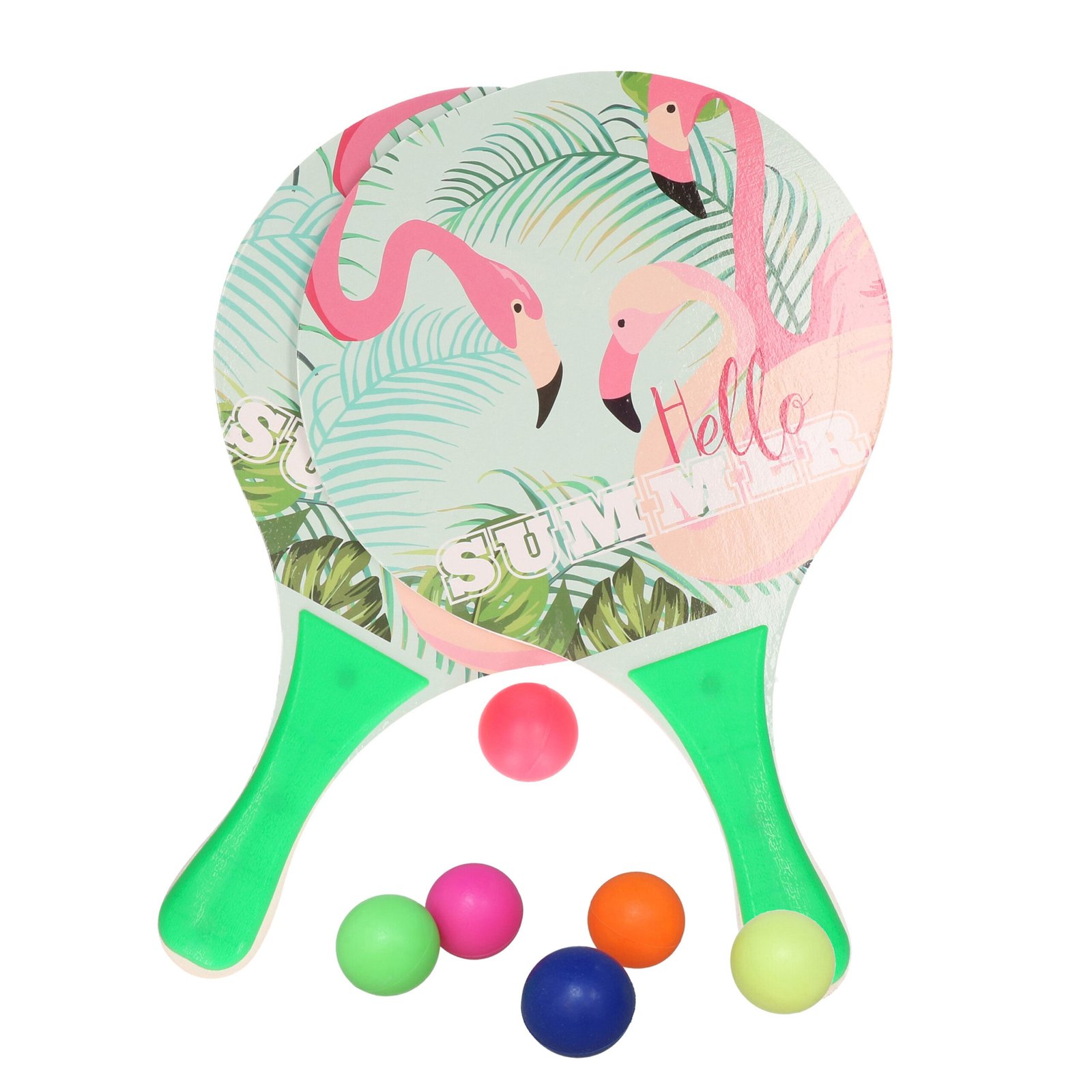 Summertime Beachball set - hout - kleurenmix - strand sport speelset - met 6x balletjes