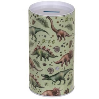 Spaarpot blik dinoaurus thema - groen - leren sparen - D8 x 16 cm - met geluid