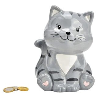 Wurm Spaarpot kat/poes - keramiek - grijs - 16 x 12 x 10 cm - sparen - kinderen