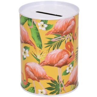 Spaarpot Flamingo's - geel - Metaal/blik - 7,5 x 10 cm