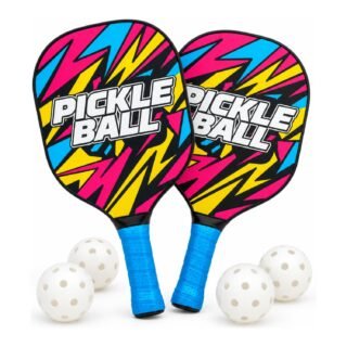 Pickleball paddle set - 2 rackets - 4 ballen - MDF - inclusief opbergtas - retro print - beginners